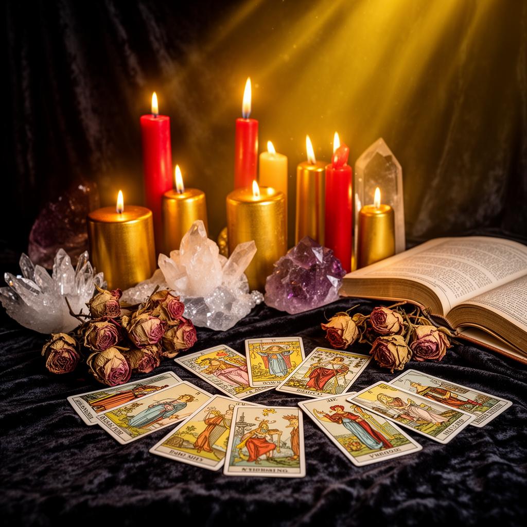 Altar místico com cartas, cristais e velas douradas