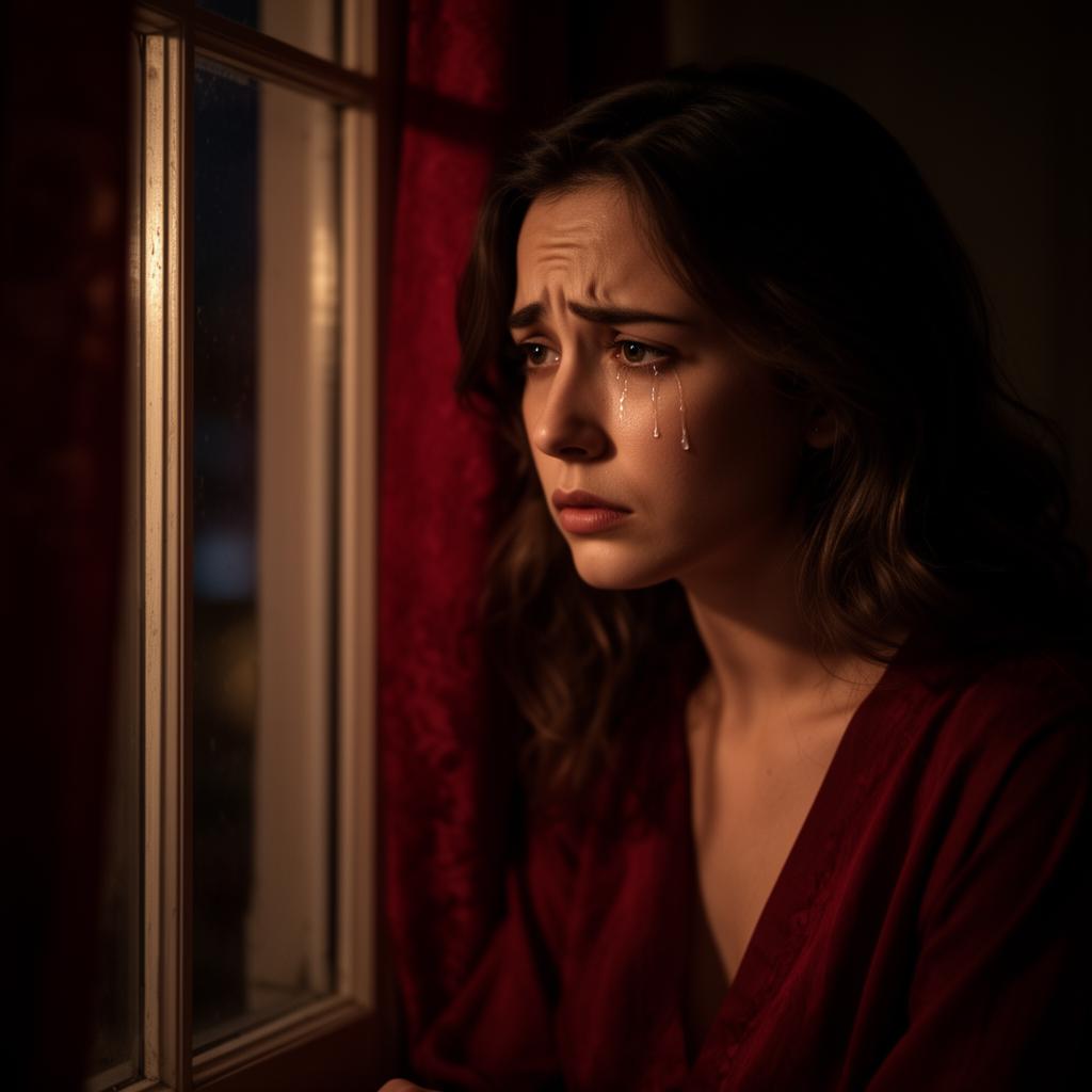 Mulher emocionada à janela, sentindo a dor de um amor distante